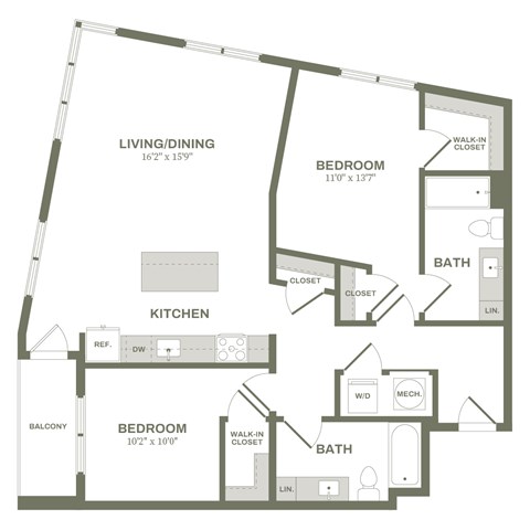 A floor plan of a home with a living/dining area, kitchen, and two bedrooms.